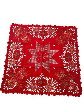 Christmas Embroidered Tablecloth Cut Work Star Poinsettia 33"
 Italy
NEW